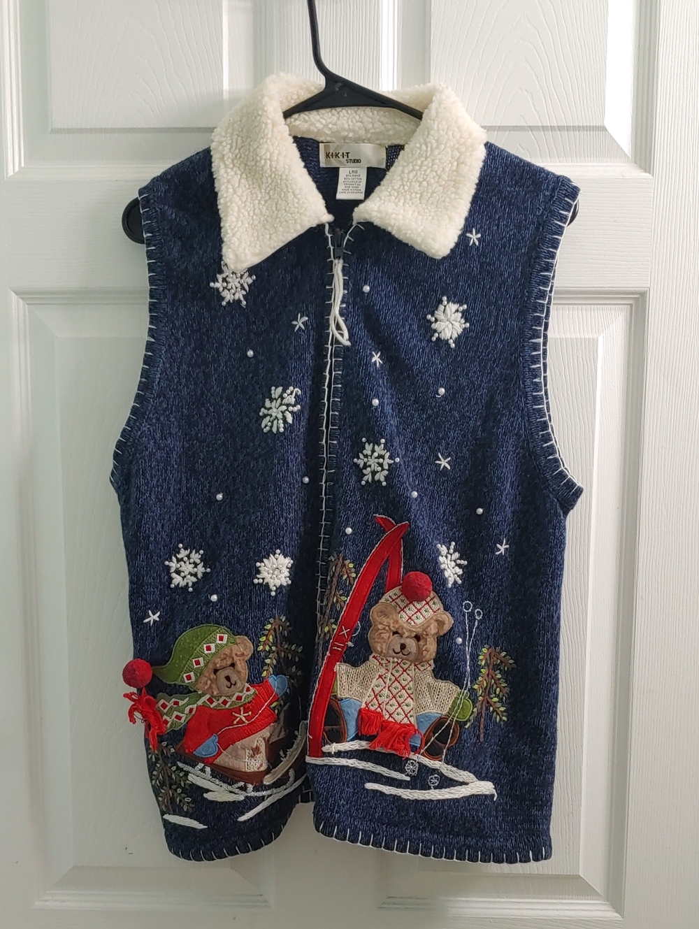 Vintage Christmas Sweater Vest Kikit Skiing Teddy Bear Blue Winter Womens Size L
